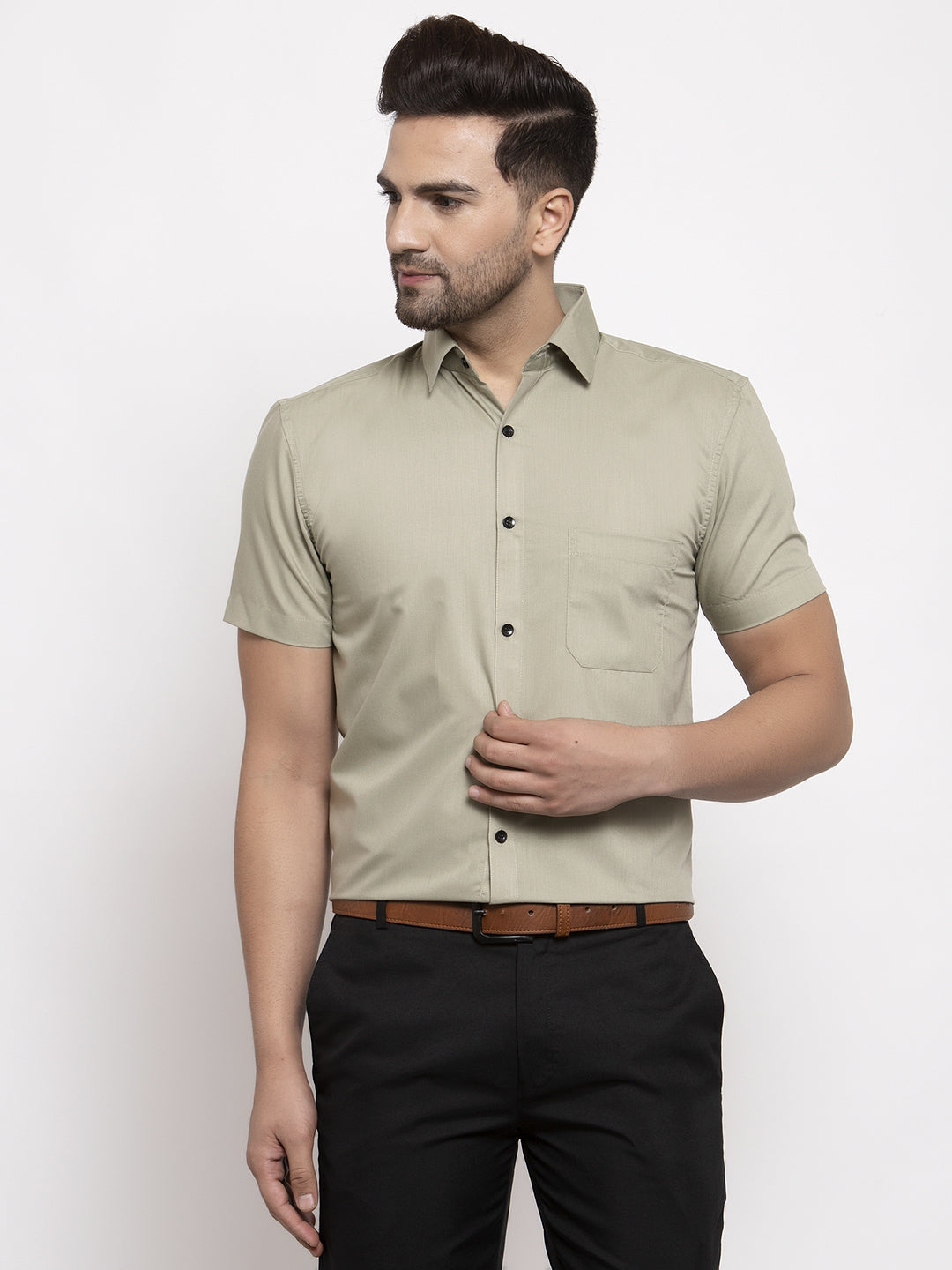 Men's Green Cotton Half Sleeves Solid Formal Shirts ( SF 754Pista )