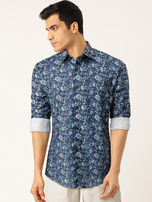 Men's Blue Cotton Printed Formal Shirt's ( SF 756Blue )