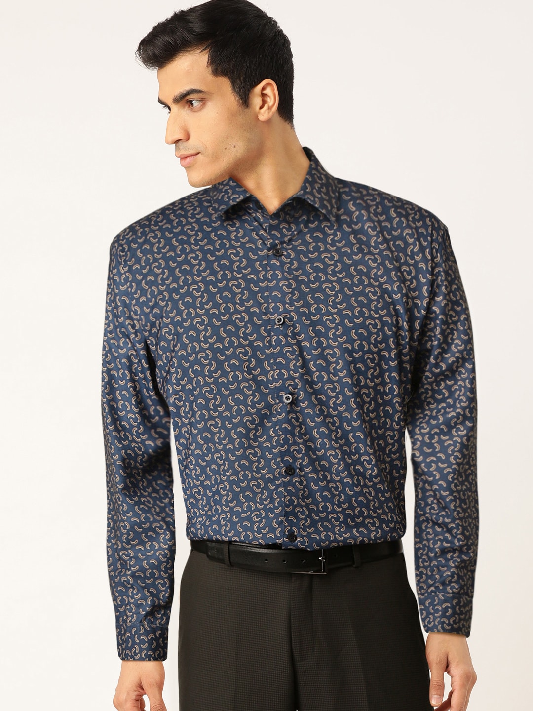 Men's Navy Cotton Printed Formal Shirt's ( SF 756Navy )