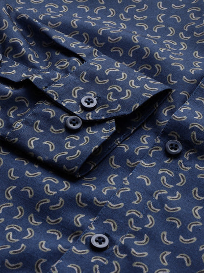 Men's Navy Cotton Printed Formal Shirt's ( SF 756Navy )