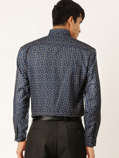 Men's Navy Cotton Printed Formal Shirt's ( SF 756Navy )