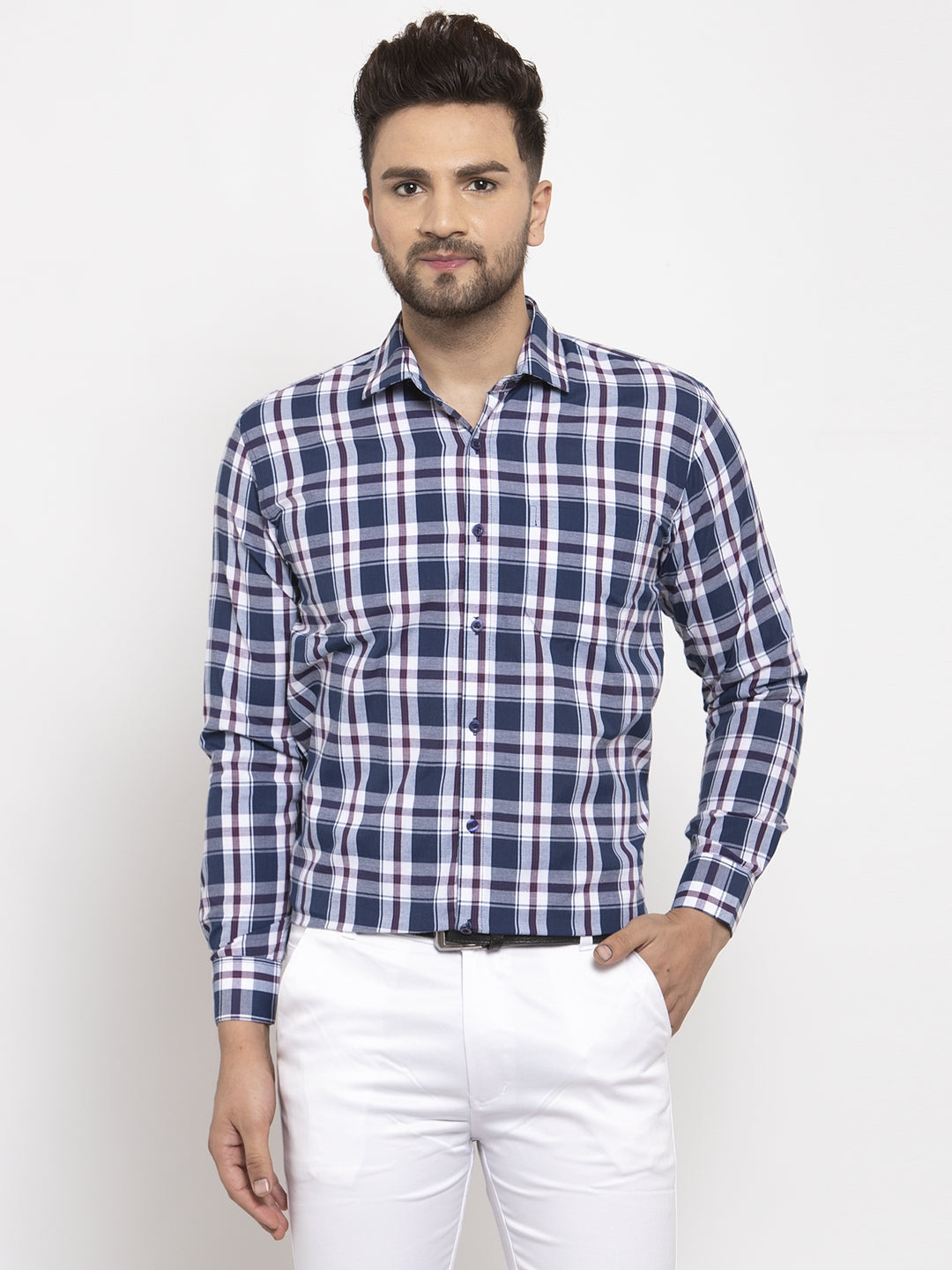 Men's Navy Cotton Checked Formal Shirt's ( SF 764Navy )