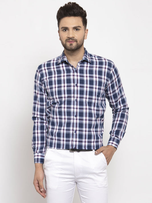 Men's Navy Cotton Checked Formal Shirt's ( SF 764Navy )