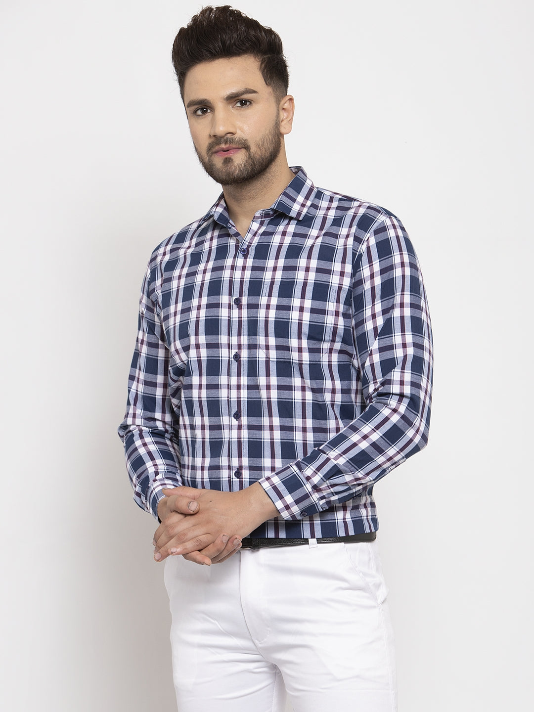 Men's Navy Cotton Checked Formal Shirt's ( SF 764Navy )