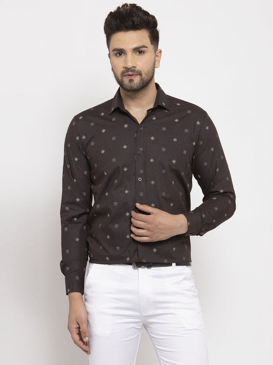 Men's Brown Cotton Printed Formal Shirt's ( SF 766Black )