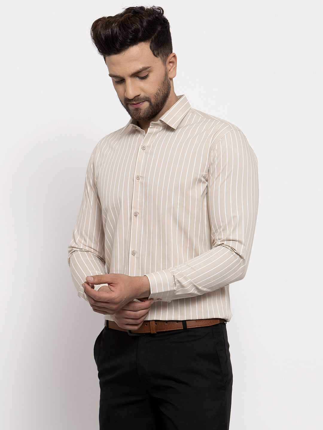 Men's Cream Cotton Striped Formal Shirt's ( SF 770Cream )