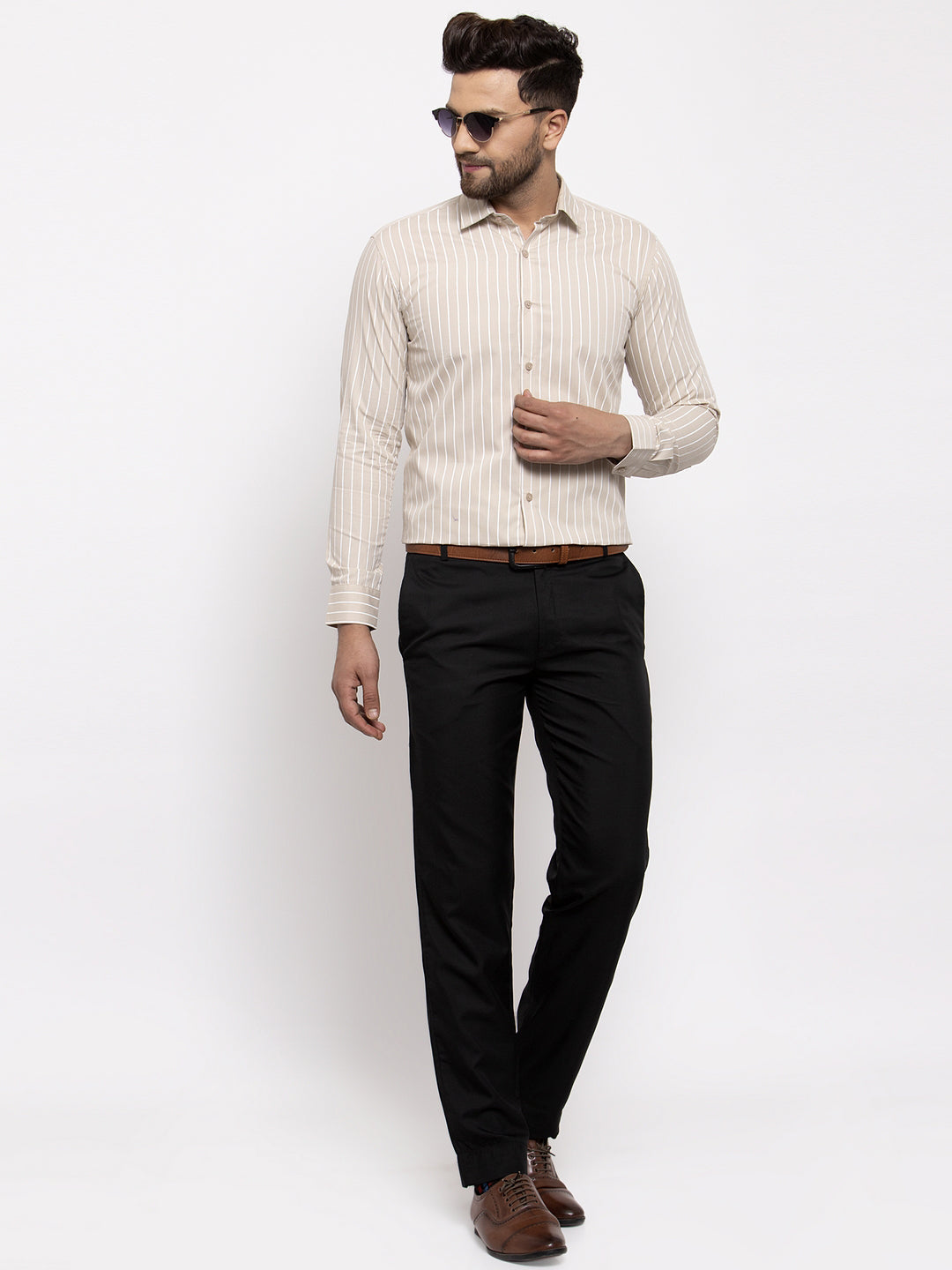 Men's Cream Cotton Striped Formal Shirt's ( SF 770Cream )