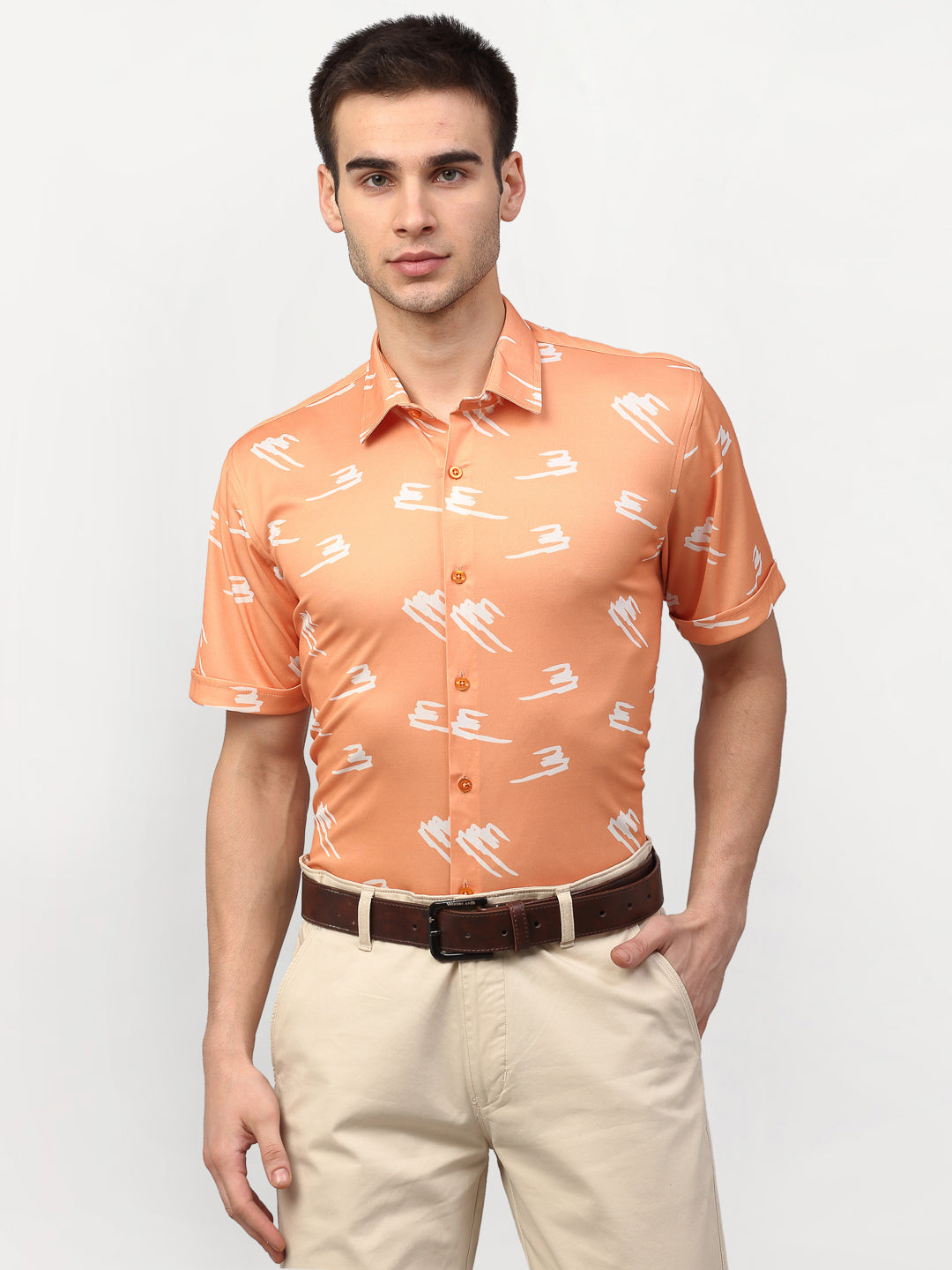 Men's Peach Printed Lycra Half Sleevess Formal Shirts ( SF 778Peach )