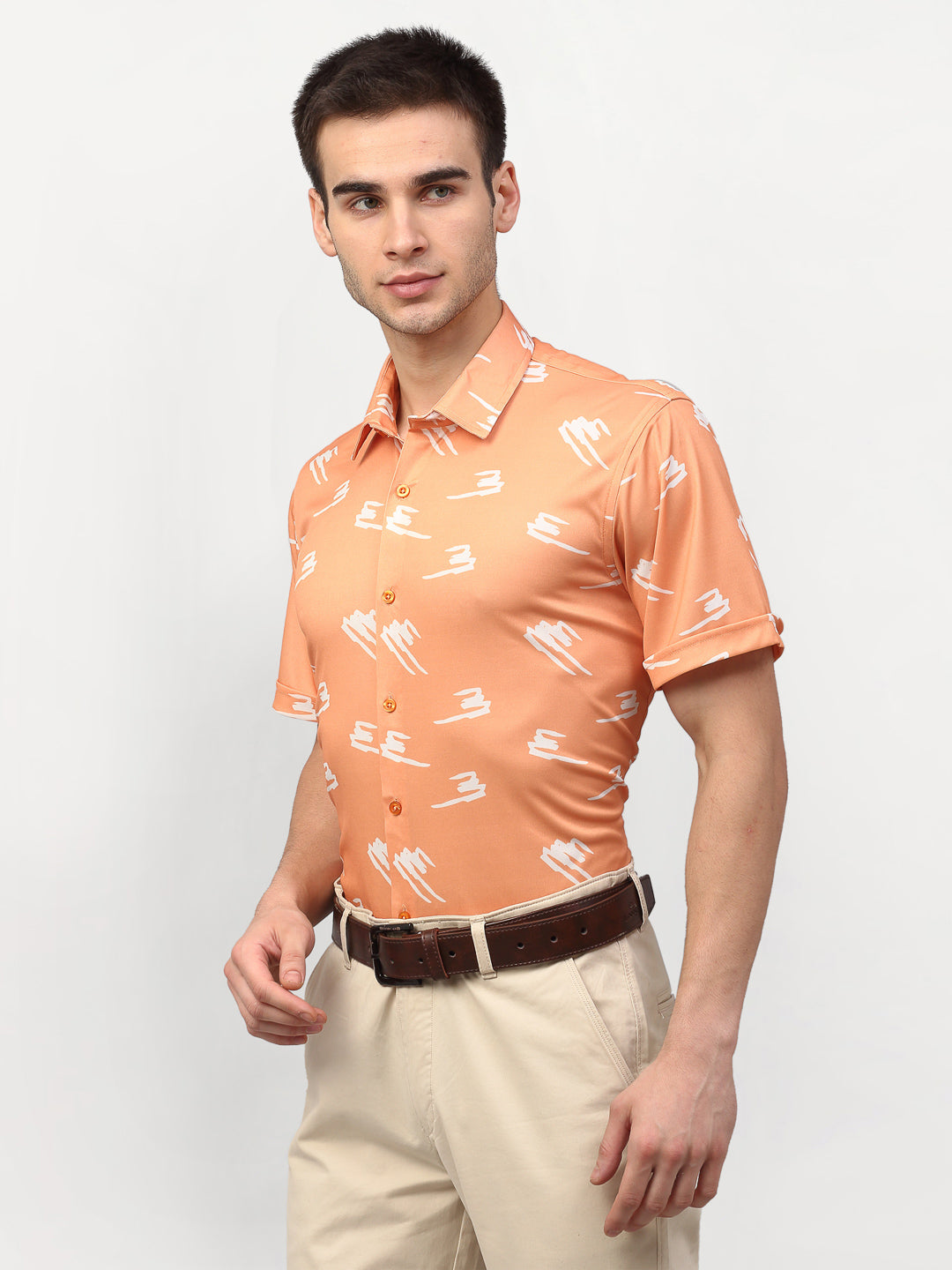 Men's Peach Printed Lycra Half Sleevess Formal Shirts ( SF 778Peach )