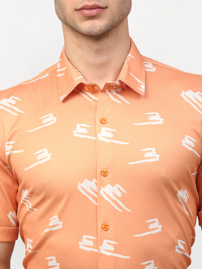 Men's Peach Printed Lycra Half Sleevess Formal Shirts ( SF 778Peach )