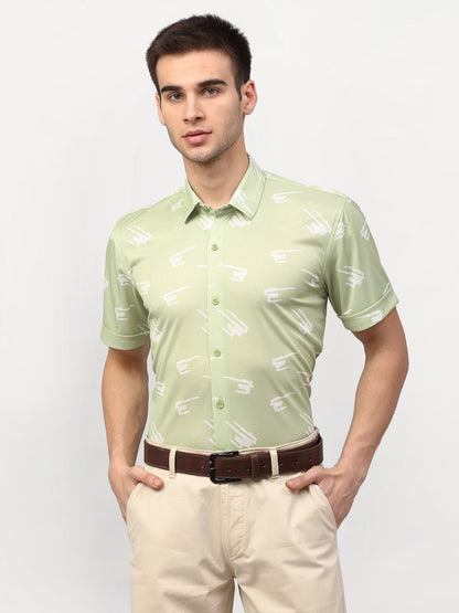 Men's Green Printed Lycra Half Sleevess Formal Shirts ( SF 778Pista )