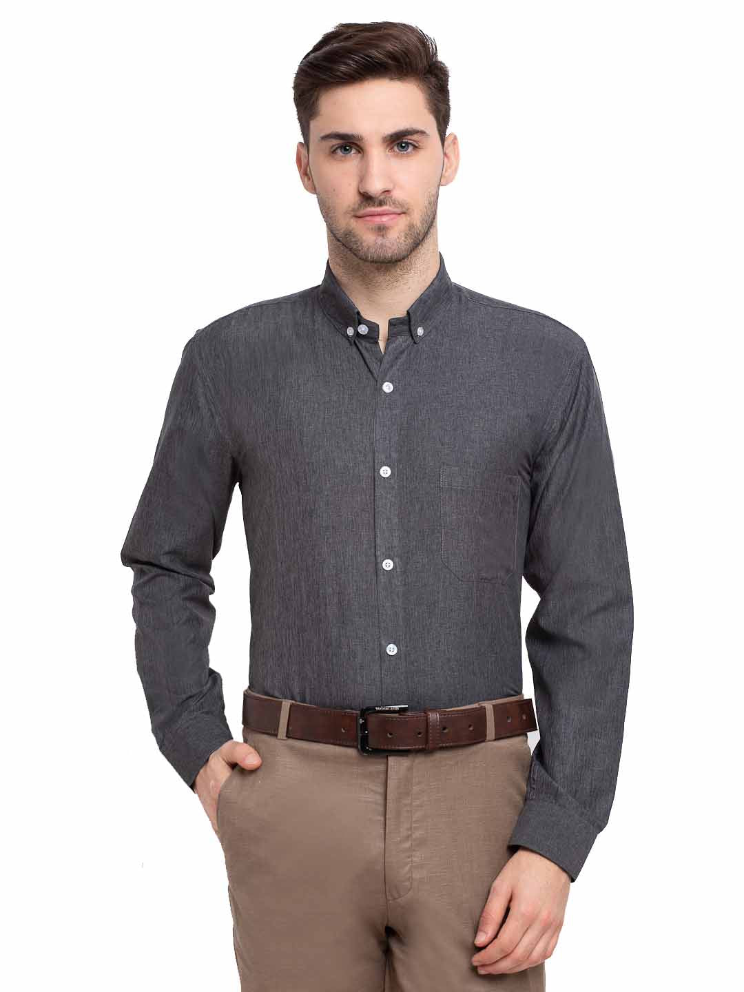 Men's Grey Melange Button Down Collar Cotton Formal Shirt ( SF 785Charcoal )