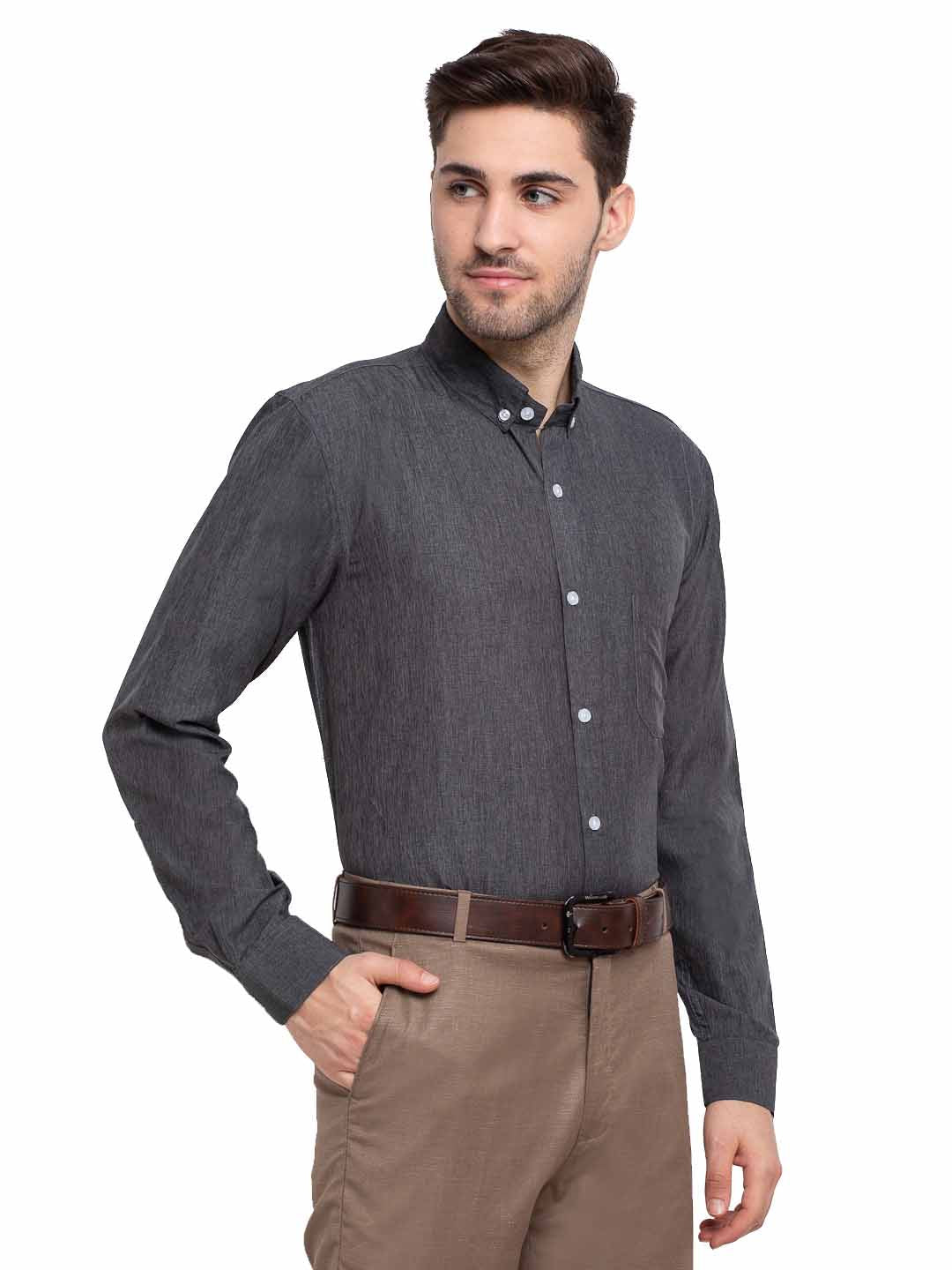 Men's Grey Melange Button Down Collar Cotton Formal Shirt ( SF 785Charcoal )