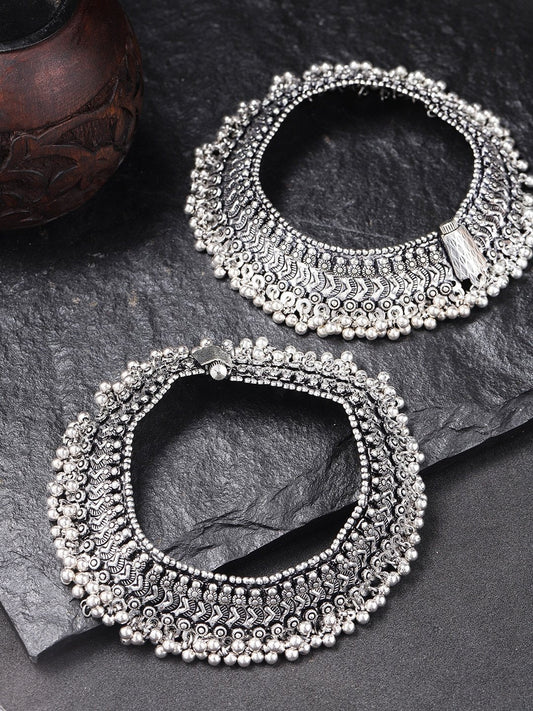 Women's  Antique Chunks - Oxidised Silver Plated Broad Anklets-Set of 2