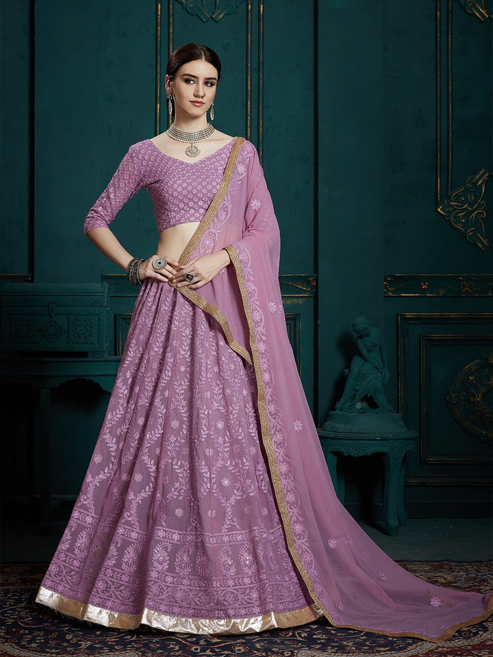 Women Lavender Georgette Lehenga  (3pcs Set)