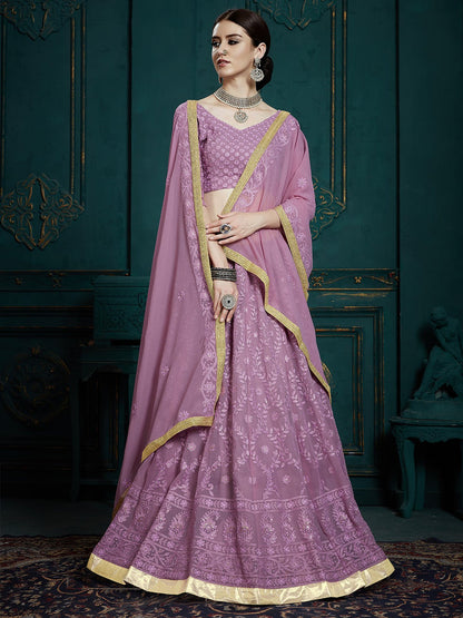 Women Lavender Georgette Lehenga  (3pcs Set)