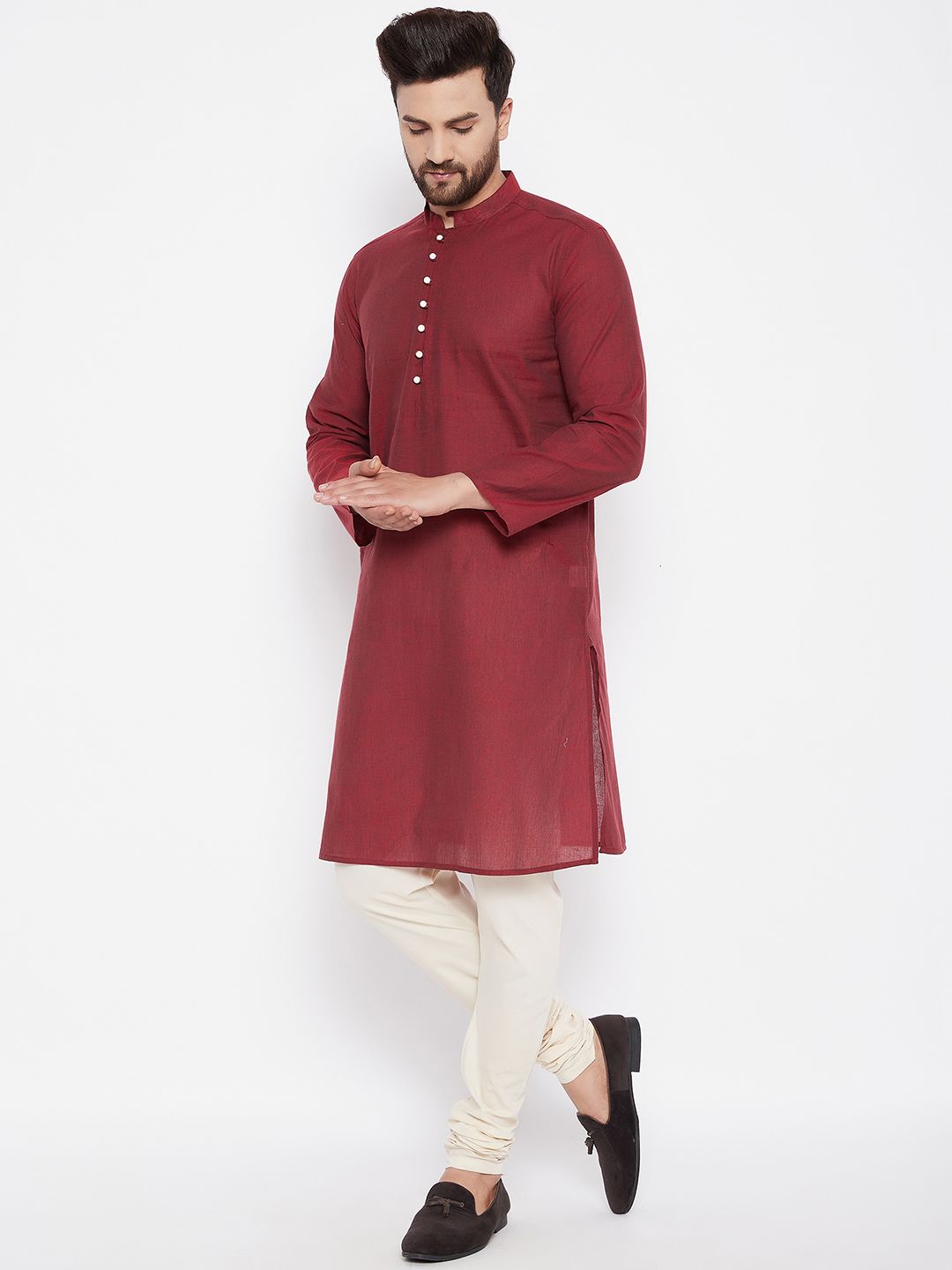 Men's Woven Design Red Straight  Kurta