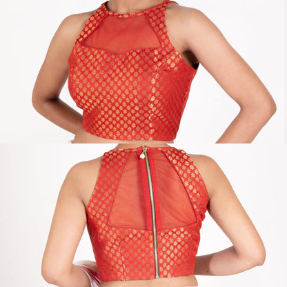 Women's Red Brocade Halter Neck Padded Blouse With Net Detailing And Back Zip