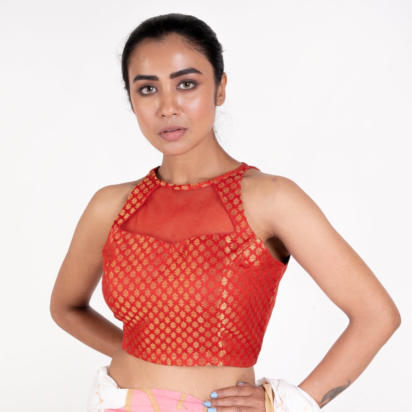 Women's Red Brocade Halter Neck Padded Blouse With Net Detailing And Back Zip