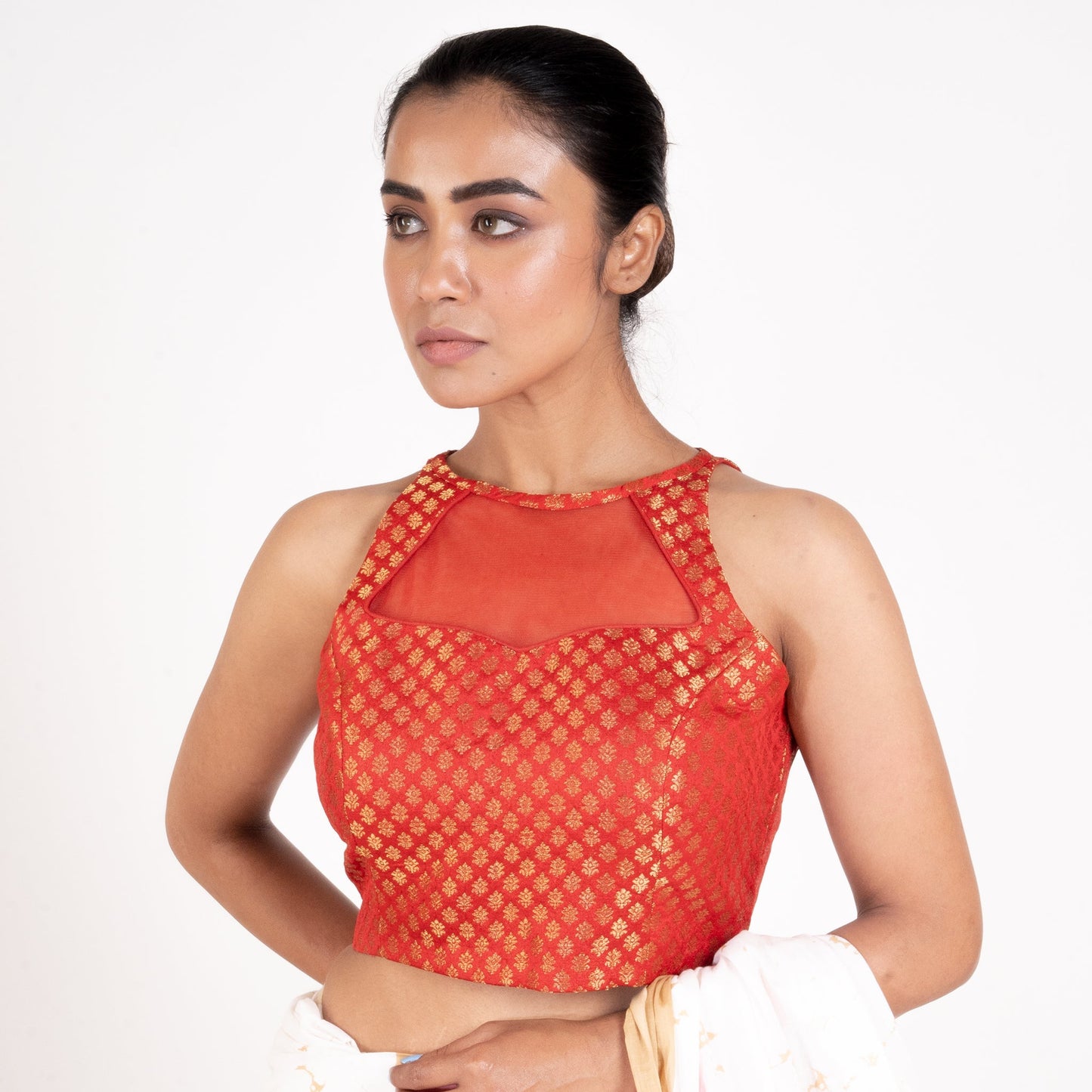 Women's Red Brocade Halter Neck Padded Blouse With Net Detailing And Back Zip