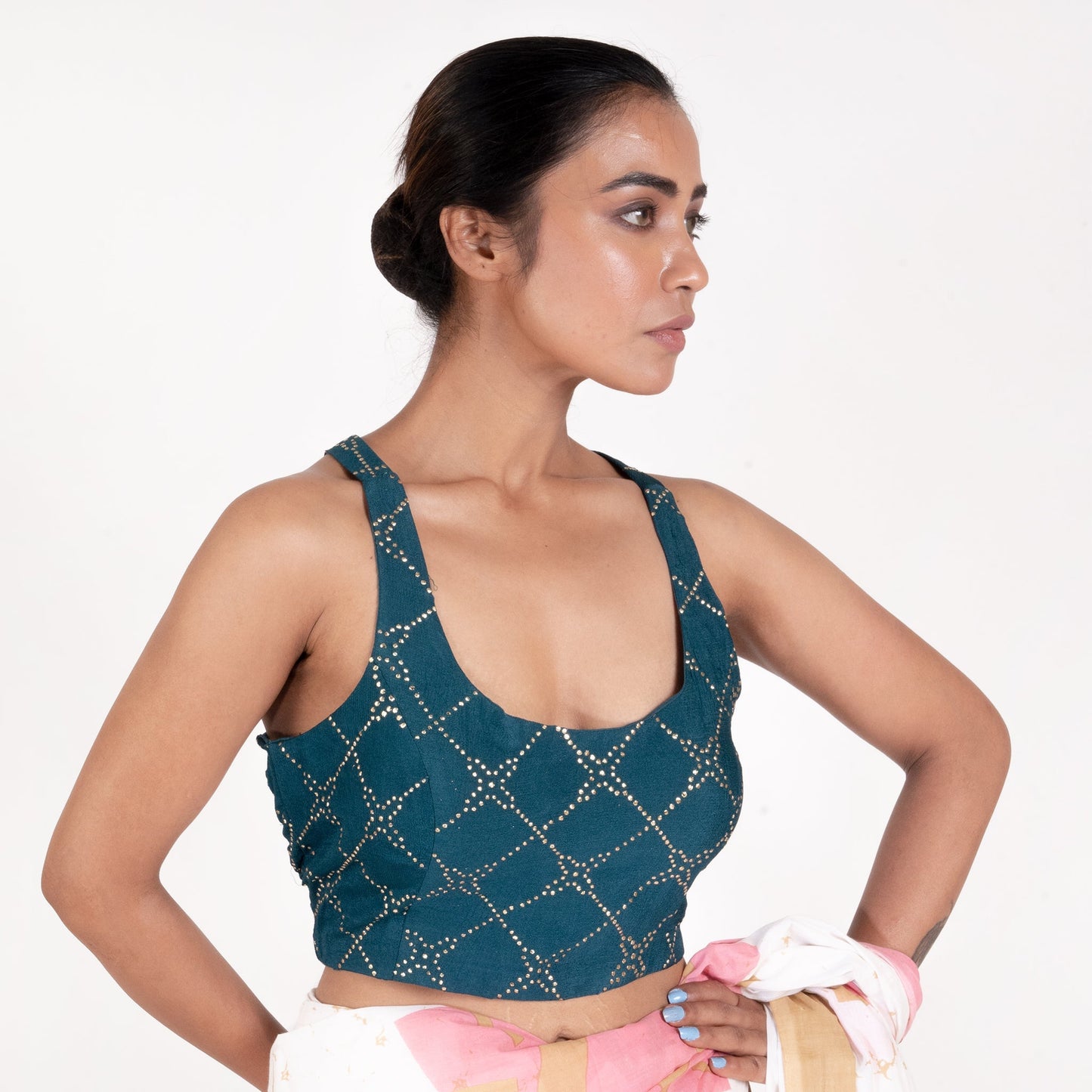 Women's Teal Faux Mukaish Crepe Padded Blouse With Back String Design