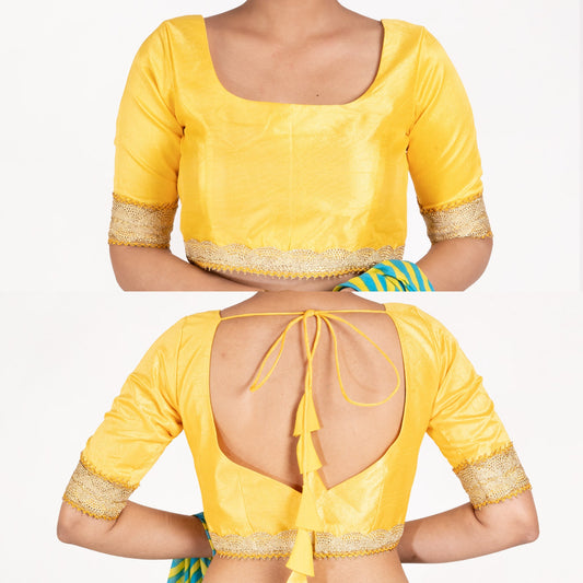 Women's Yellow Rawsilk Padded Blouse With Golden Lace Detailing