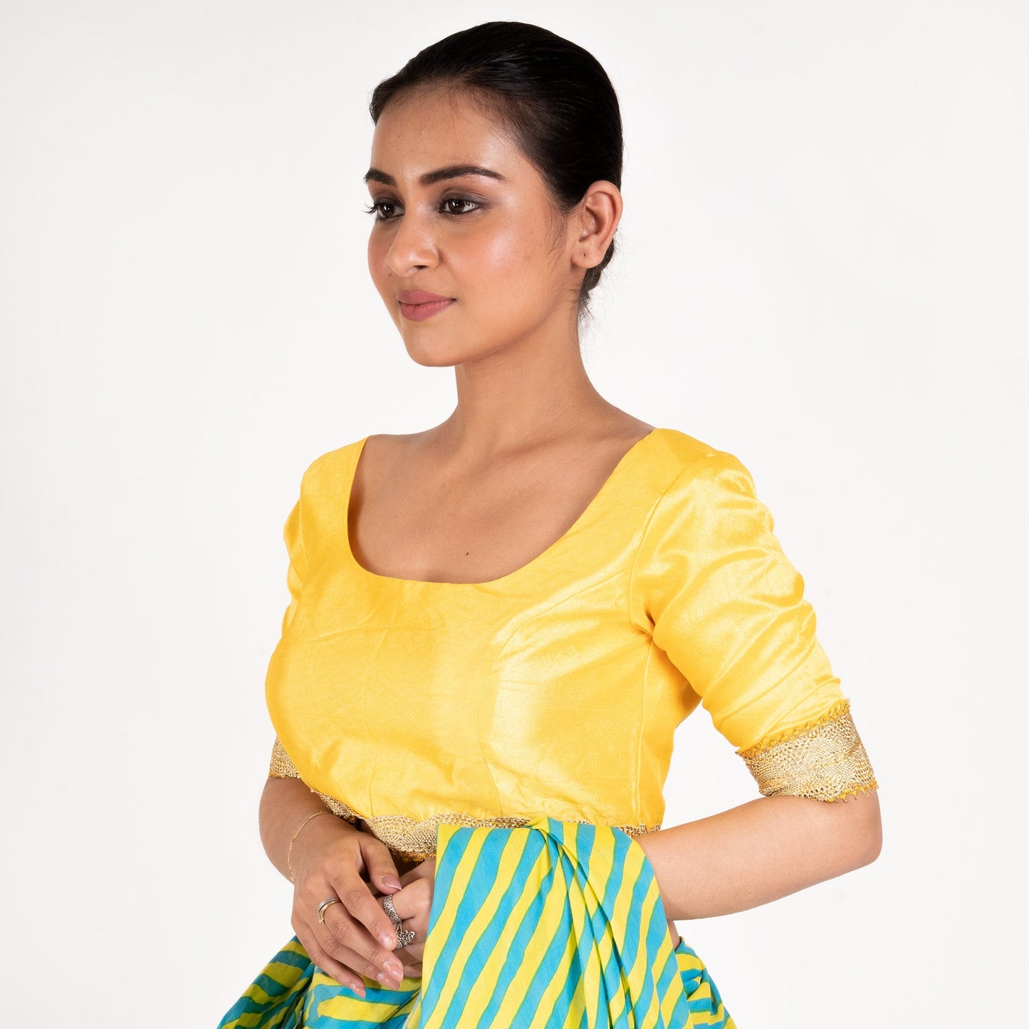 Women's Yellow Rawsilk Padded Blouse With Golden Lace Detailing