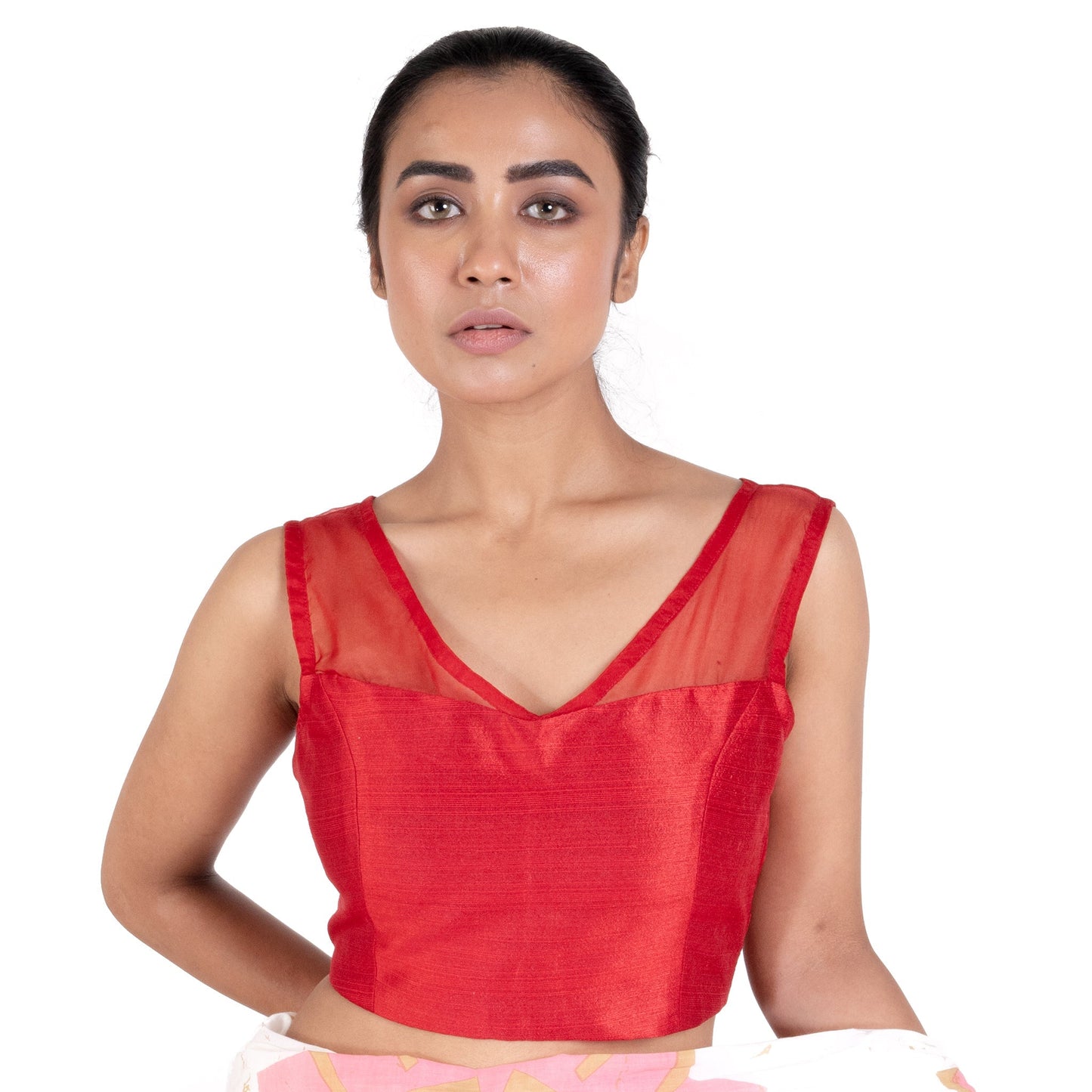 Women's Red Rawsilk Padded Blouse With Sheer Organza Detailing