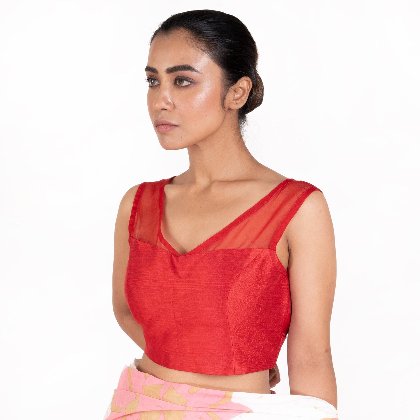 Women's Red Rawsilk Padded Blouse With Sheer Organza Detailing