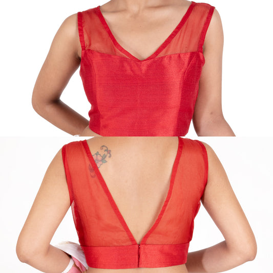 Women's Red Rawsilk Padded Blouse With Sheer Organza Detailing