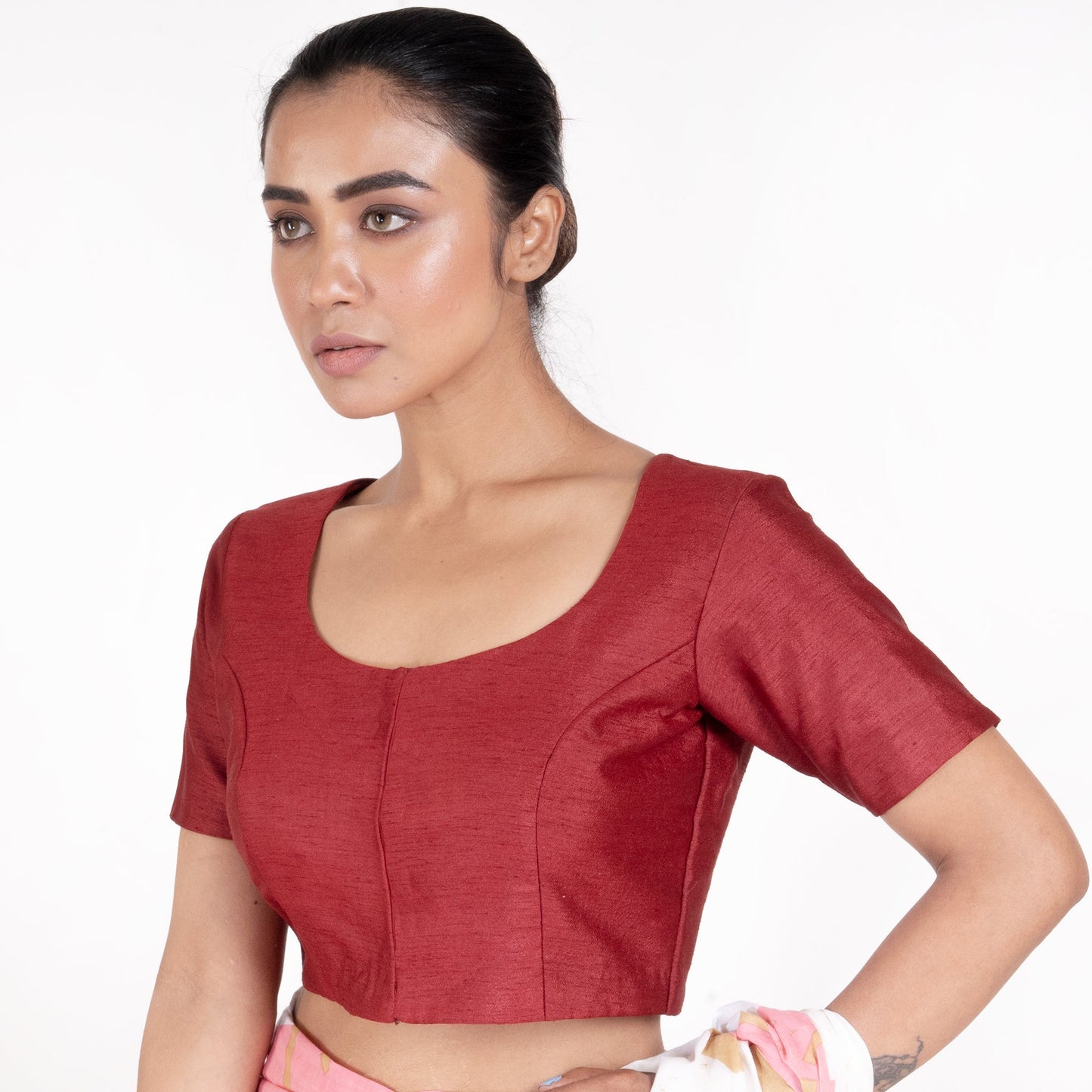 Women's Maroon Rawsilk Padded Blouse With Back Design