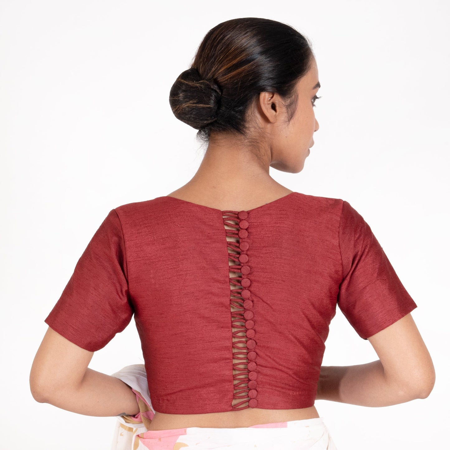 Women's Maroon Rawsilk Padded Blouse With Back Design