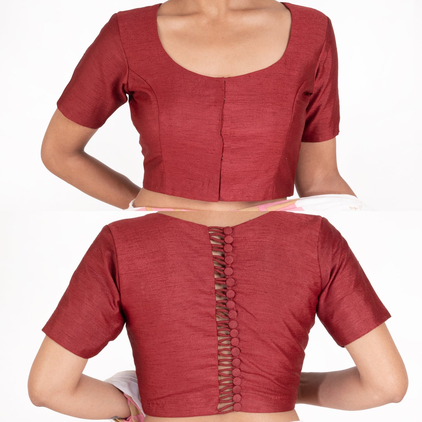 Women's Maroon Rawsilk Padded Blouse With Back Design