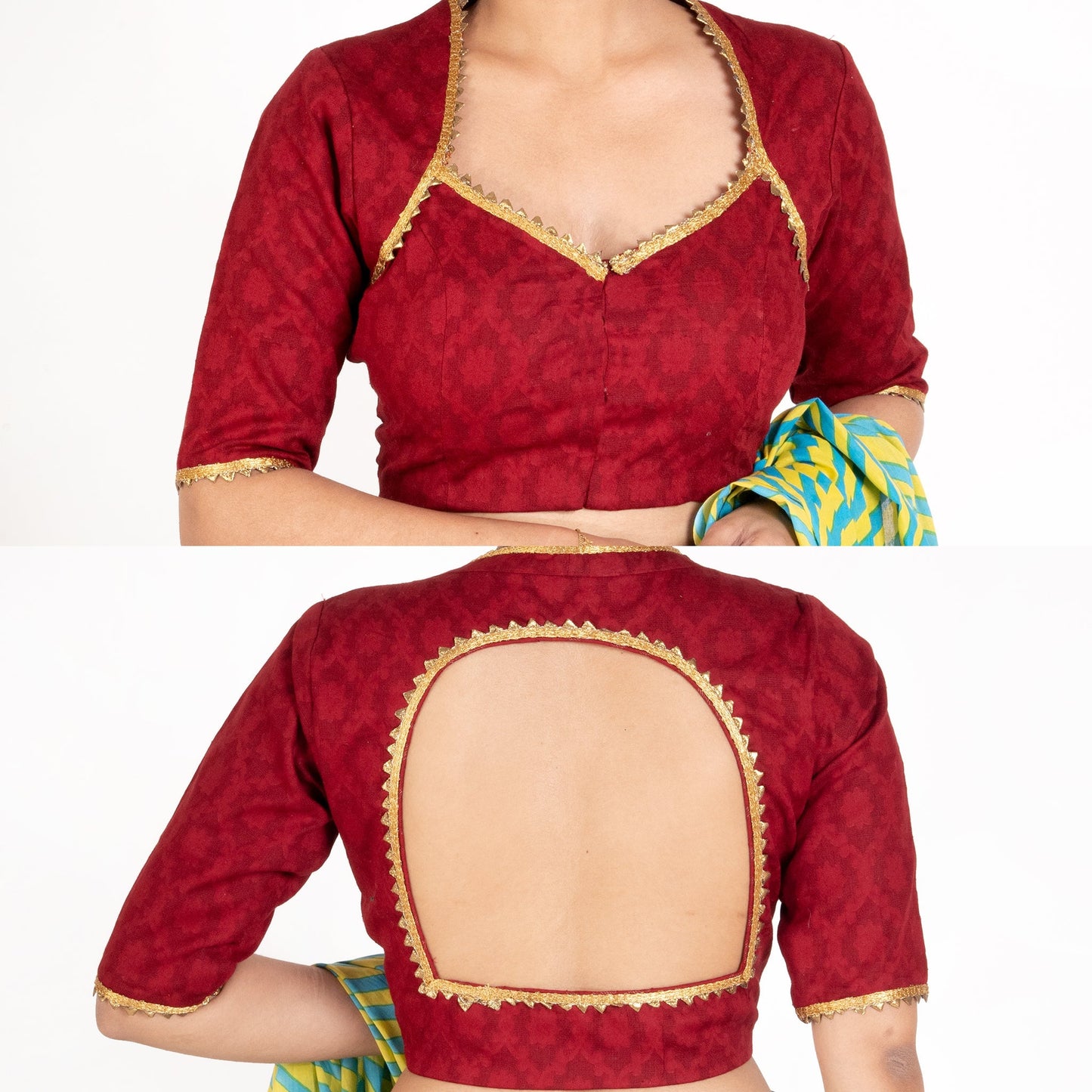 Women's Maroon Cotton Padded Blouse With Lace Details