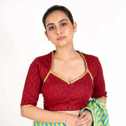 Women's Maroon Cotton Padded Blouse With Lace Details