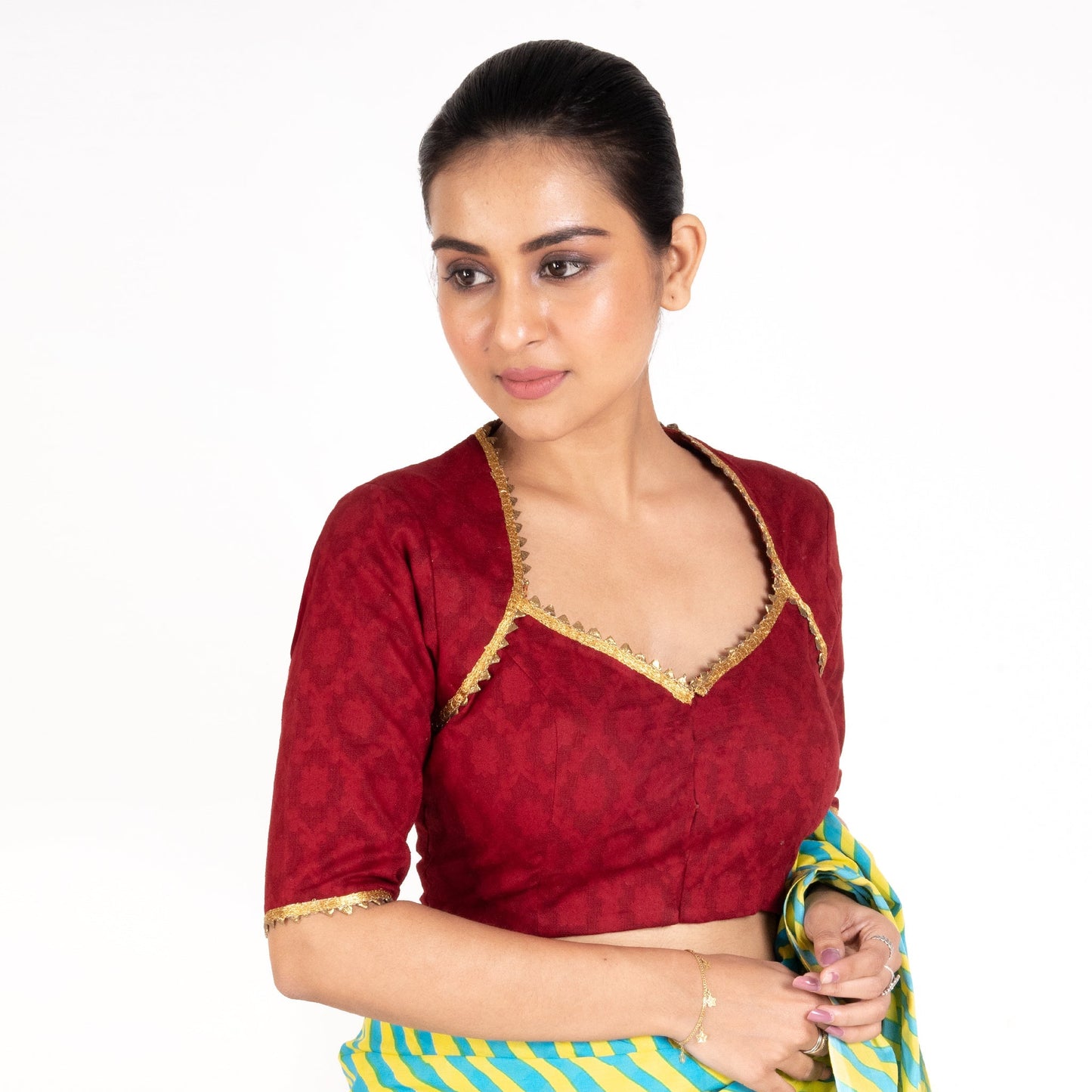 Women's Maroon Cotton Padded Blouse With Lace Details