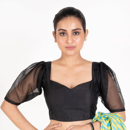 Women's Black Raw Silk Padded Blouse With Puff Organza Sleeves