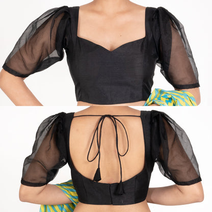 Women's Black Raw Silk Padded Blouse With Puff Organza Sleeves