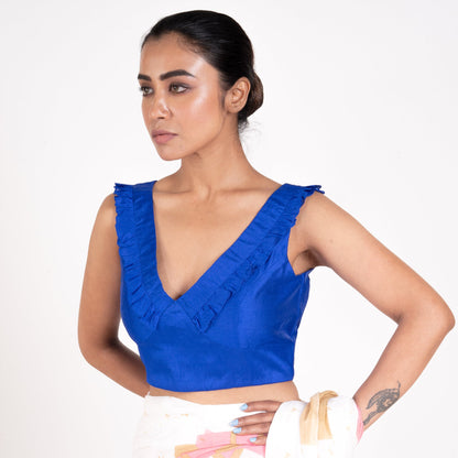 Women's Royal Blue Rawsilk Padded Blouse With Ruffel Design