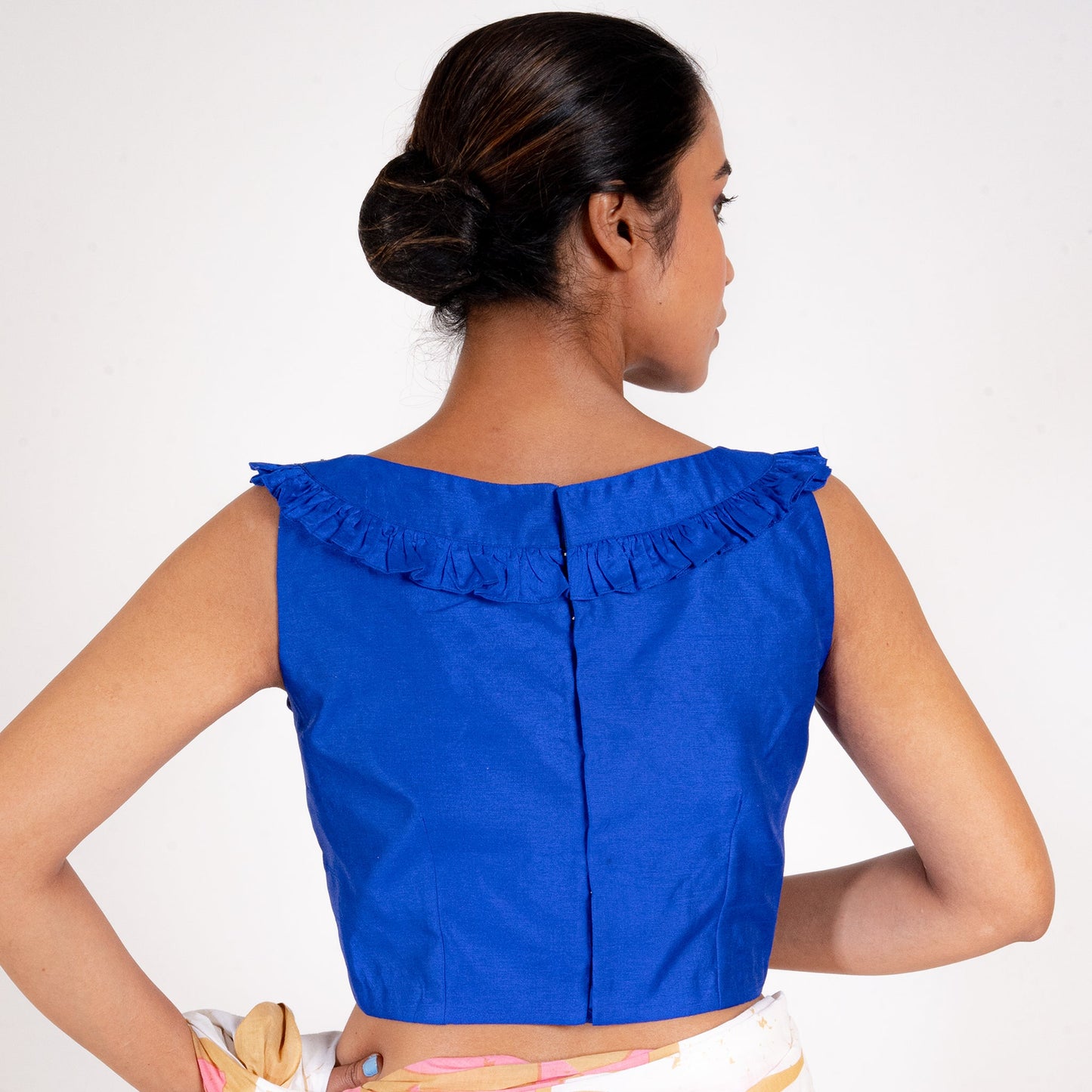 Women's Royal Blue Rawsilk Padded Blouse With Ruffel Design