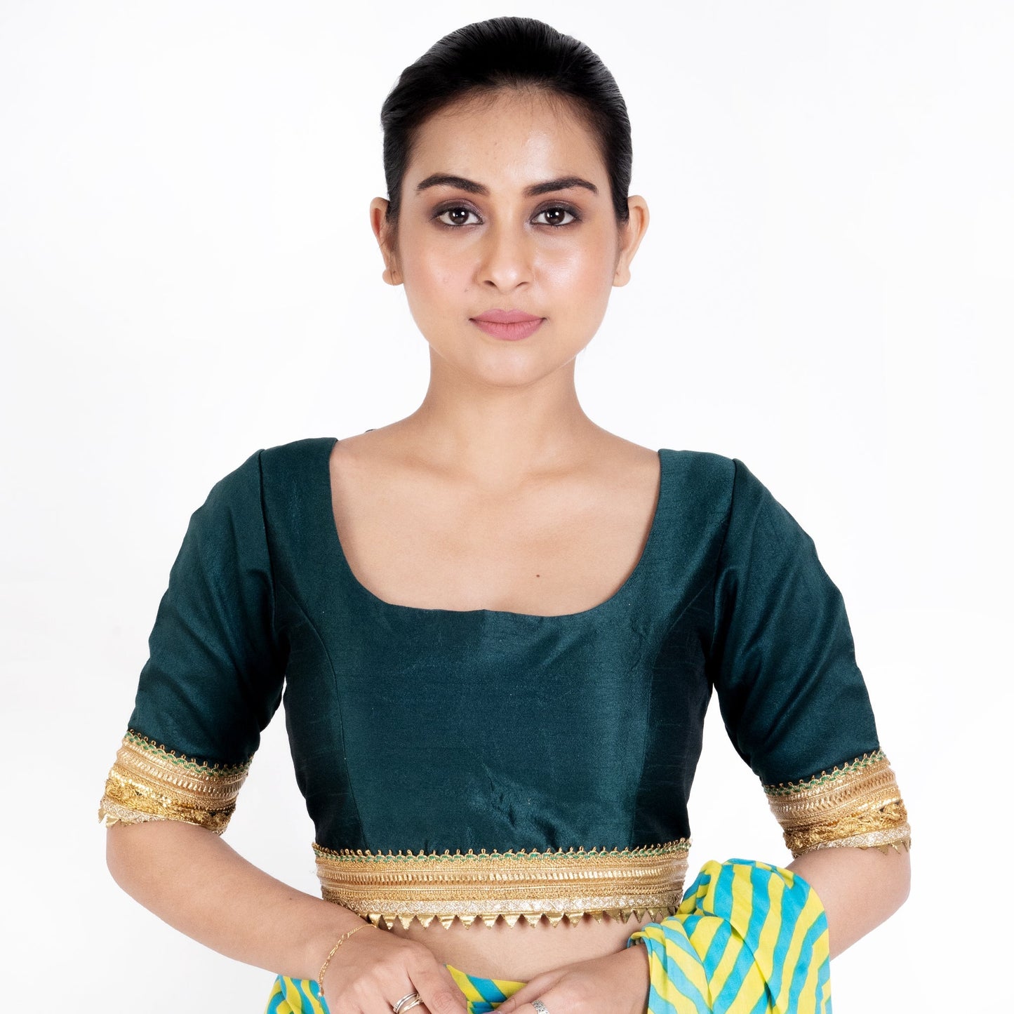 Women's Bottle Green Rawsilk Padded Blouse With Golden Lace Detailing