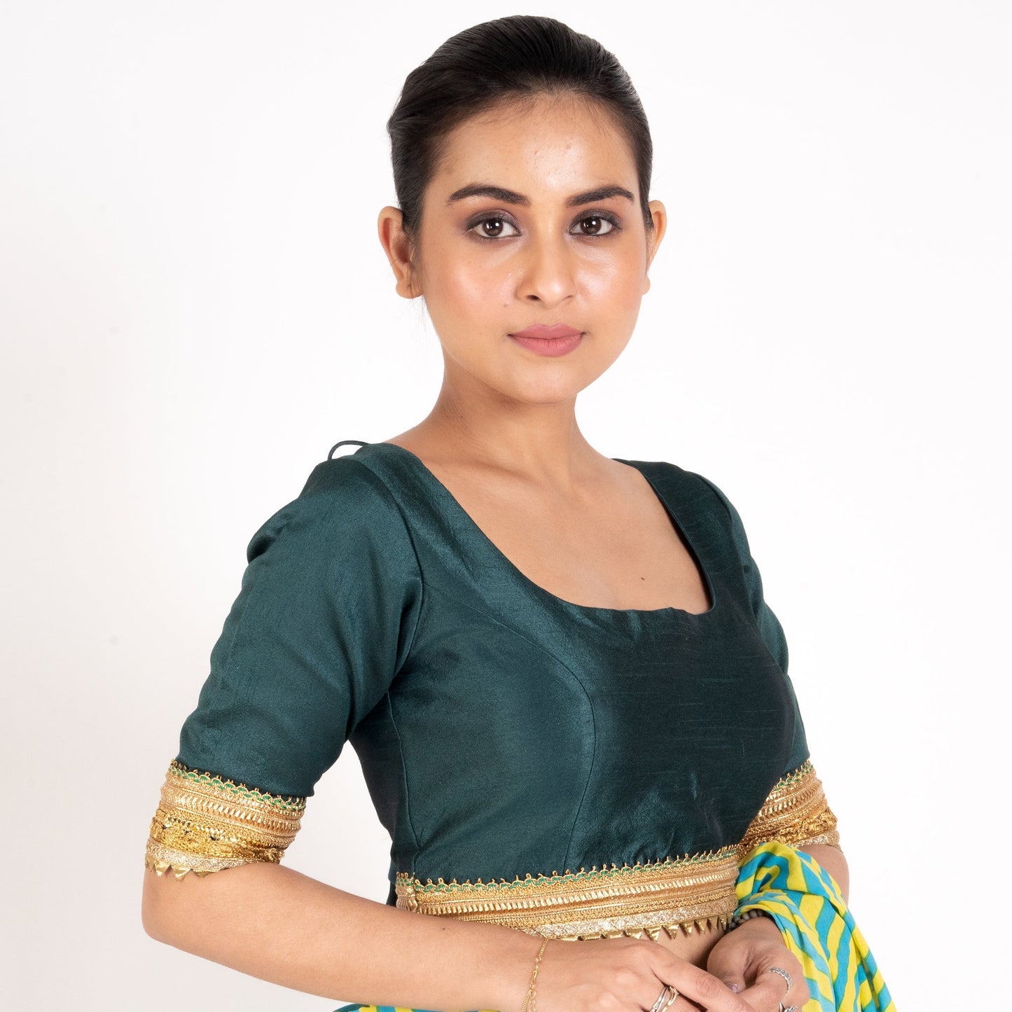 Women's Bottle Green Rawsilk Padded Blouse With Golden Lace Detailing