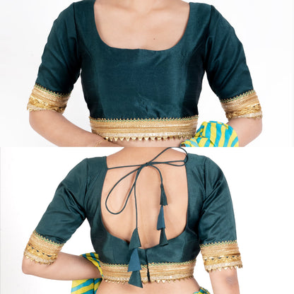 Women's Bottle Green Rawsilk Padded Blouse With Golden Lace Detailing