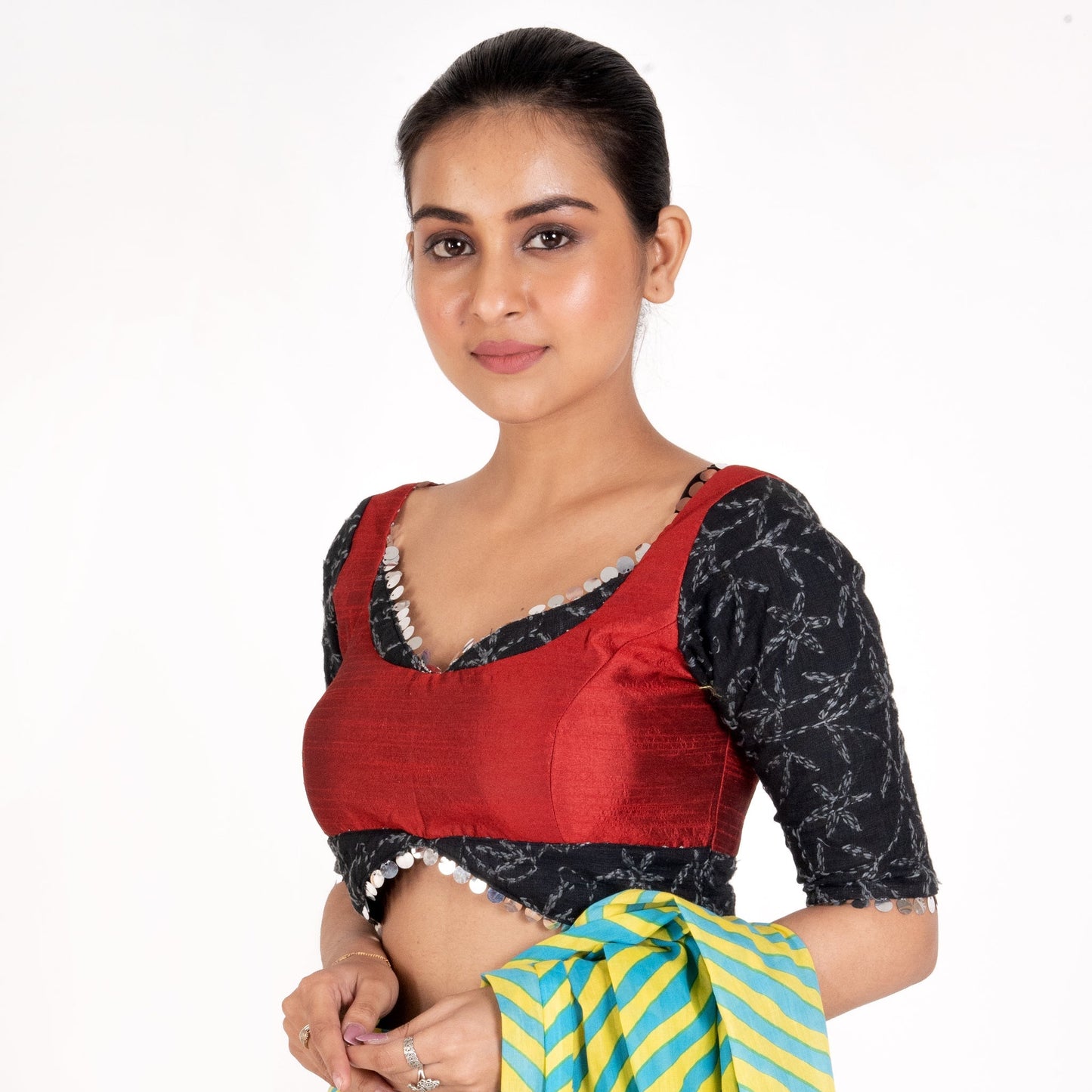 Women's Maroon Rawsilk Padded Blouse With Black Chikankari Sleeves