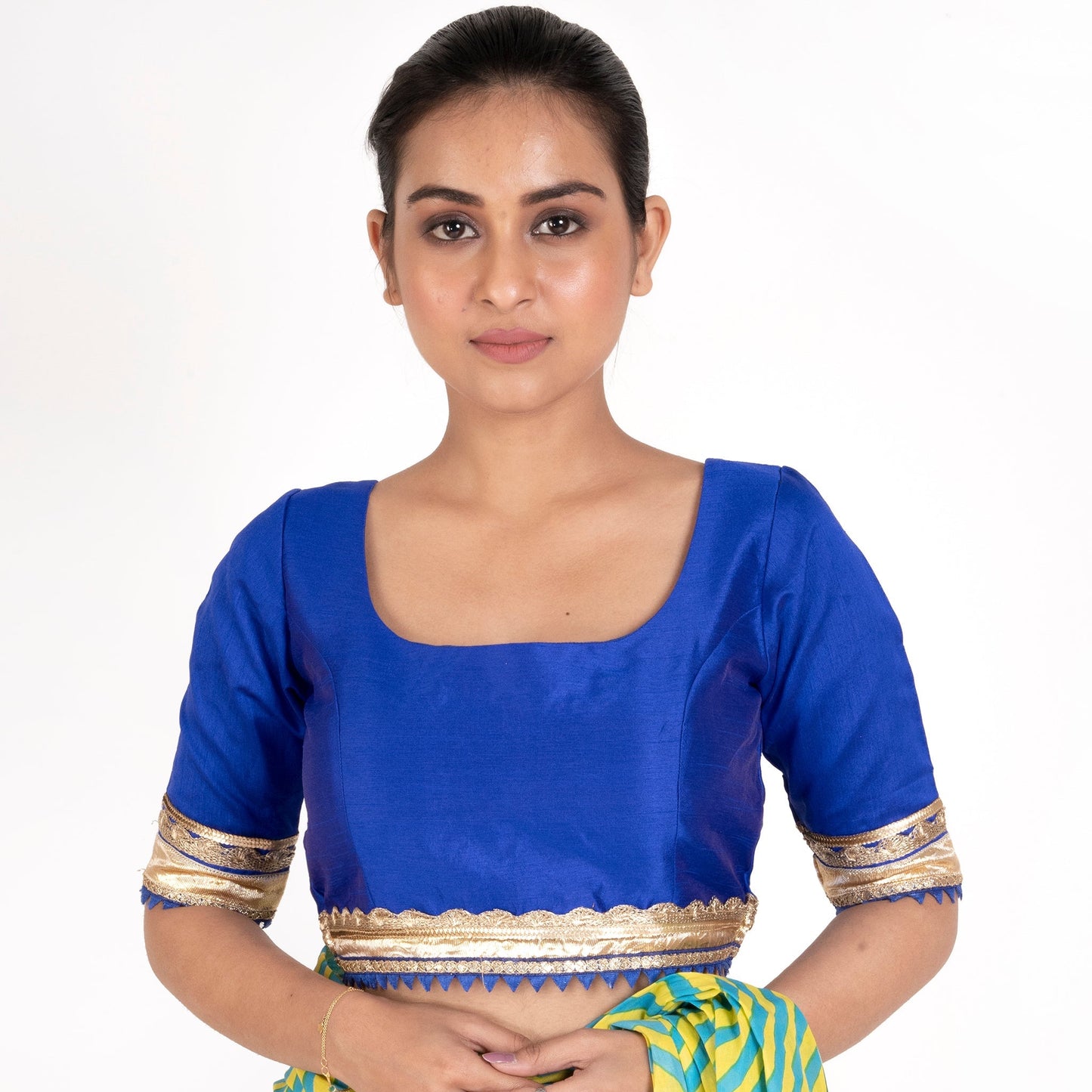 Women's Blue Rawsilk Padded Blouse With Golden Lace Detailing