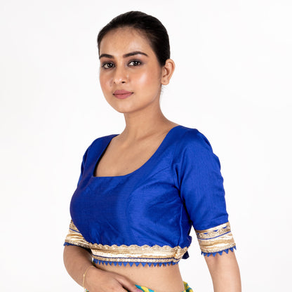 Women's Blue Rawsilk Padded Blouse With Golden Lace Detailing