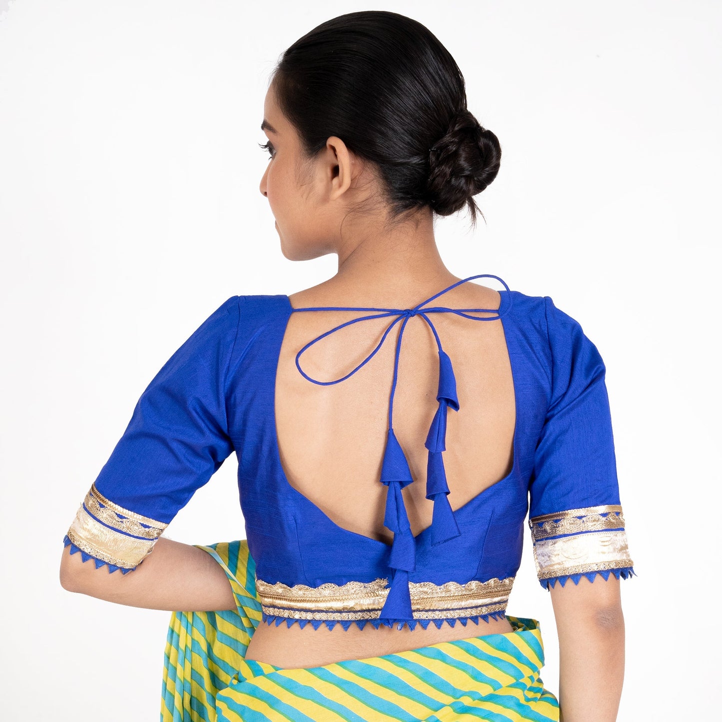 Women's Blue Rawsilk Padded Blouse With Golden Lace Detailing