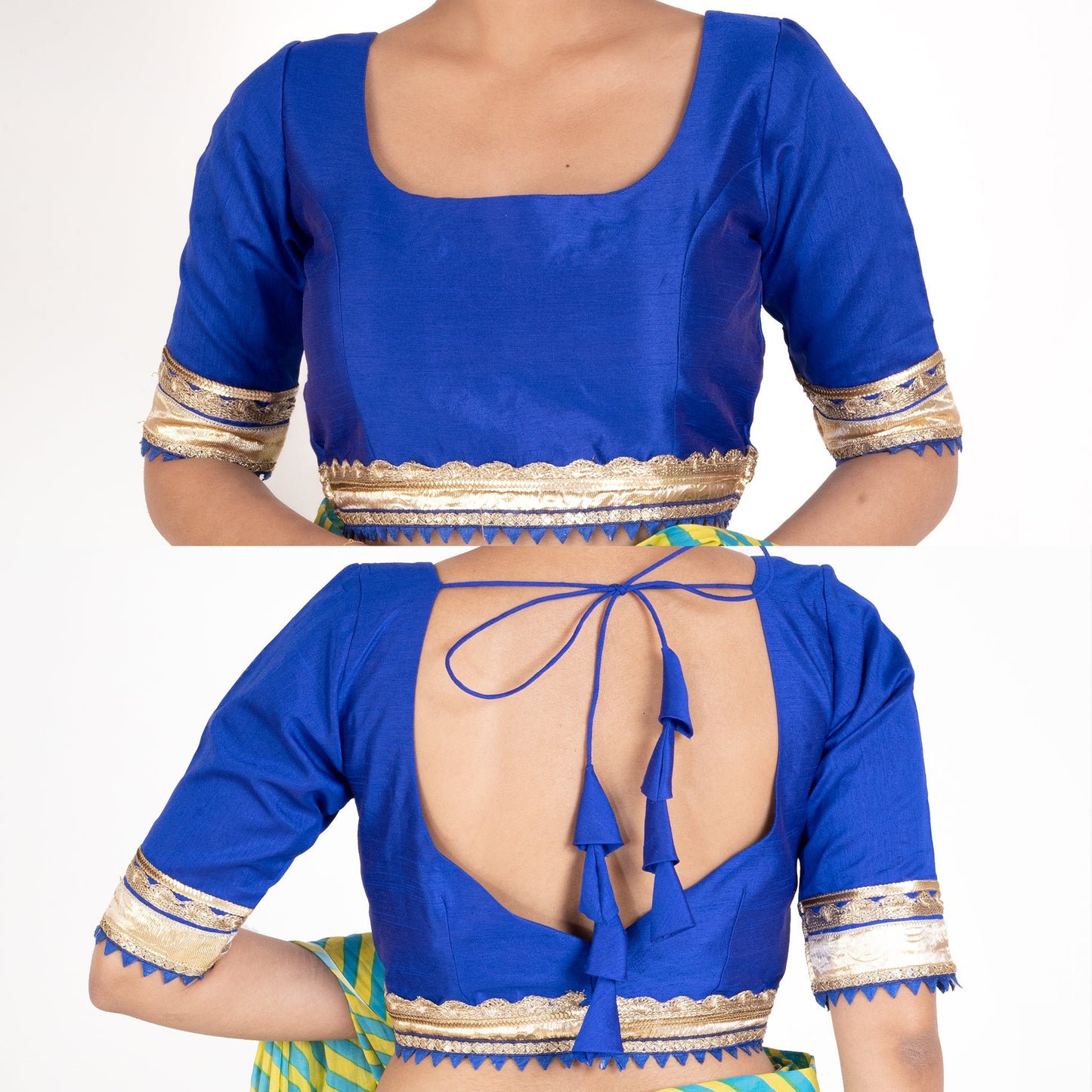 Women's Blue Rawsilk Padded Blouse With Golden Lace Detailing