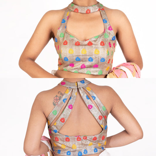 Women's Multi Color Brocade Halter Paaded Blouse With Back Hook