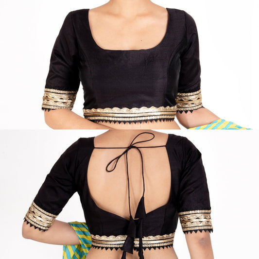 Women's Black Rawsilk Padded Blouse With Golden Lace Detailing